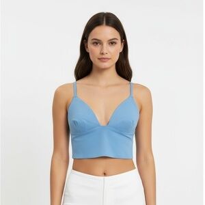 Free People Longline Small Light Blue Bralette Crop Top‎ Deep V-Neck Adjustable